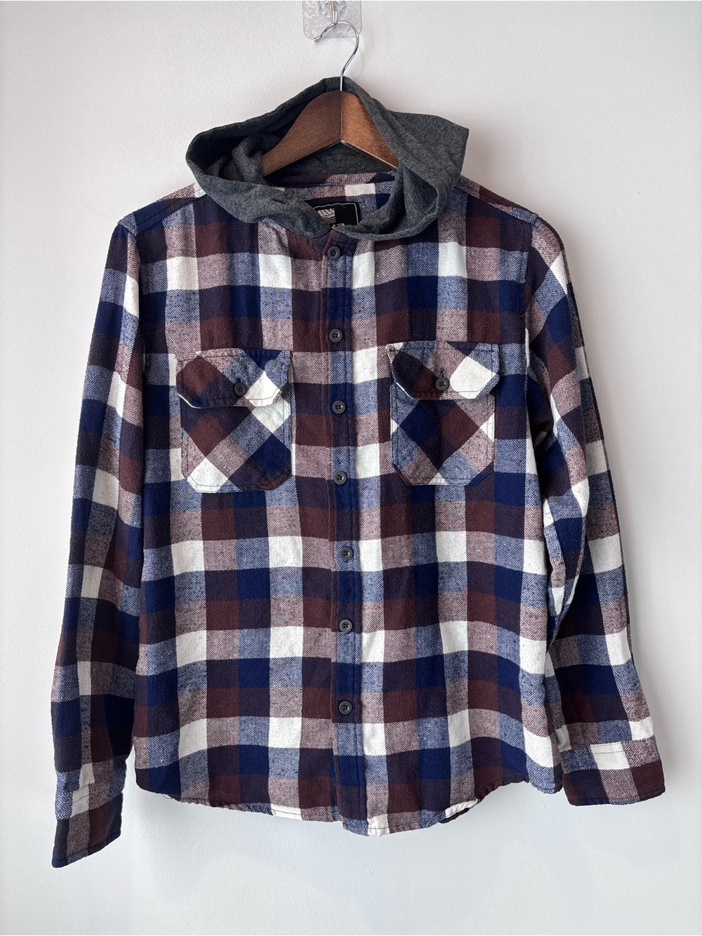 Men’s Plaid Flannel Shirt with Hood Long Sleeve Button Front Size S